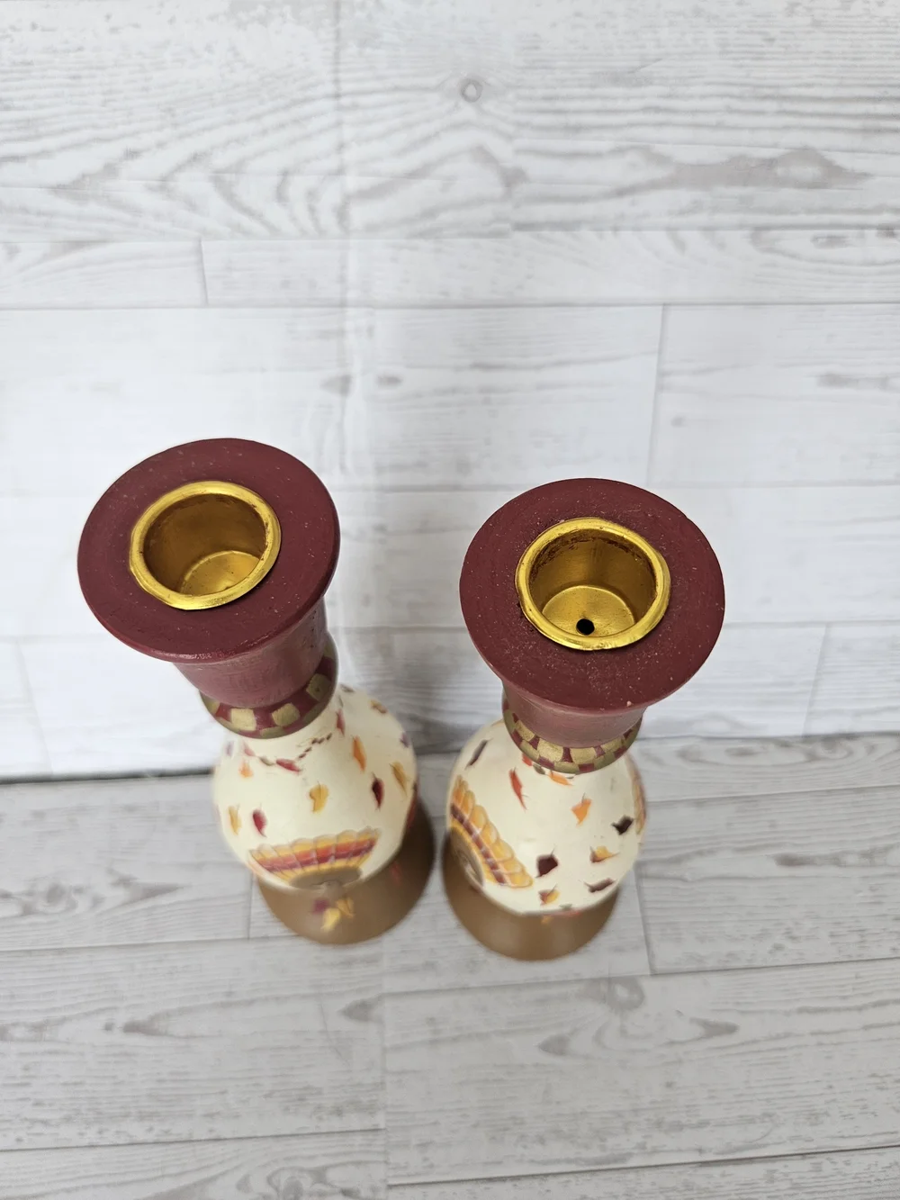 VTG Kathy Hatch NCE Thanksgiving Turkey Wooden Taper Candle Holders Pair (2)